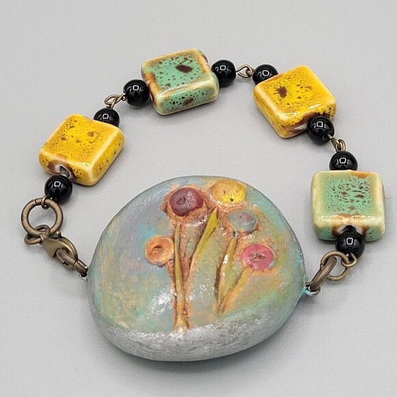 Handcrafted Ceramic and Clay Floral Bracelet Black Beads Lobster Clasp - Picture 1 of 9